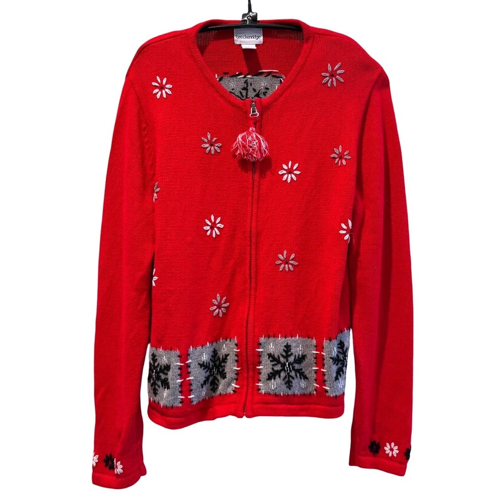 Breckenridge VTG Red Snowflake Zipper Tassel Ugly Christmas Sweater Women Large